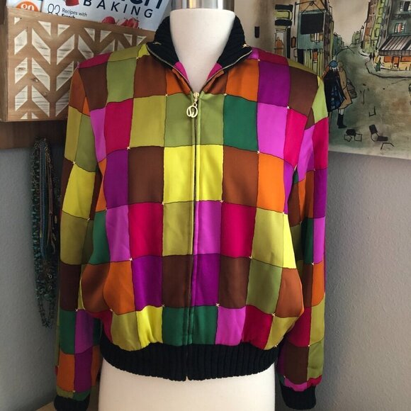 Vintage St. John Sport Silk Diamond Bomber Jacket Petite size P Jewel Tones